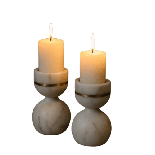 BRASS & WHITE MARBLE TAPER CANDLE HOLDER SET OF 2